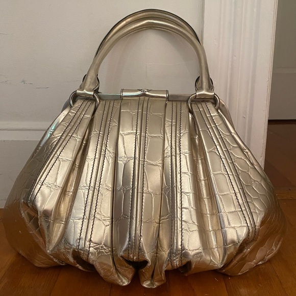 Alexander McQueen Metallic Croc Embossed Patent Leather Elvie Satchel Bag - Picture 6 of 11